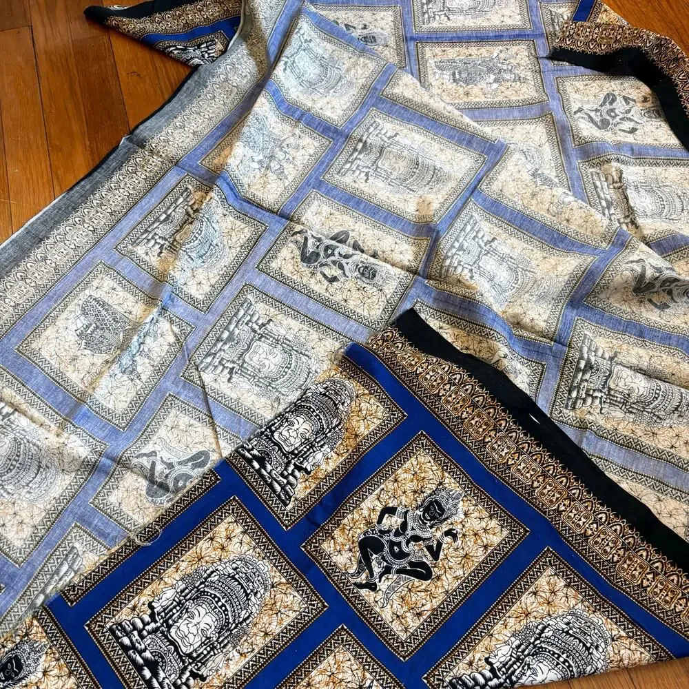 Vintage Suraj Mukhi Fabric Remnant Blue Hindu Motif Cotton Textile